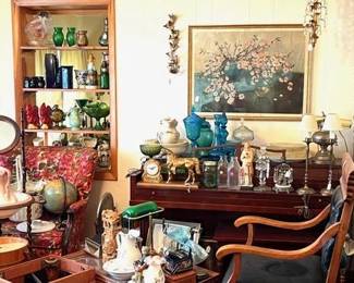 Piano, globe, pitcher and bowl on stand, armed side chair