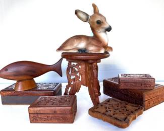 Carved wood boxes, etc