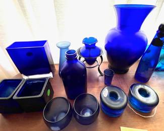 Group of cobalt glass including Blenko