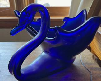 Cobalt glass swan centerpiece