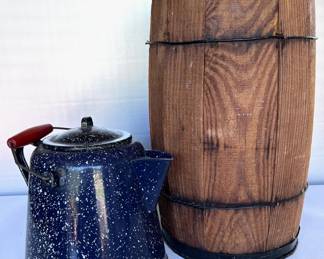 Large enamelware coffe pot and primitive wired wooden barrel