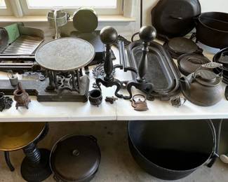 Cast iron kettles, teapots, skillets, miniatures 