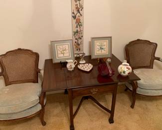 Velvet side chairs. Drop side table. Petit point bell pull
