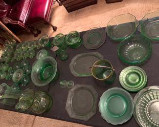 Table of green glass some is Vaseline glass