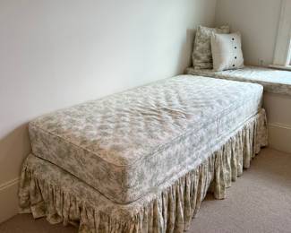 3rd floor accessories (pair of upholstered toile twin beds and matching upholstered window seats)