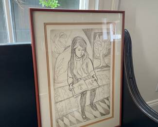 signed sketch, girl reading