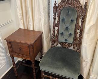 high-back hall chair, antique spindle side table
