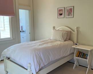 wooden twin bed, twin bedding