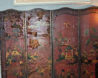 Antique chinese leather 4 panel screen
