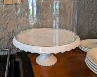 Milk glass cake stand with glass dome