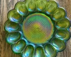 Indiana Glass Co Iridescent Green Deviled Egg Plate