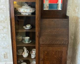 Antique Tiger Oak Secretary Cabinet With Beveled Glass Mirror