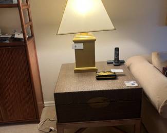 $650. Pair of Marge Carson woven end tables on a wooden base. 27"sq. x 26"h. Each has one drawer.