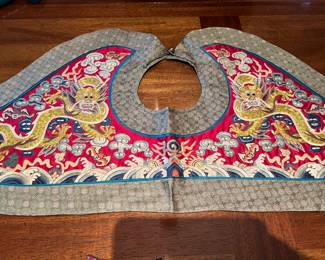 $380. Chinese hand embroidered collar or shawl with gold five toed dragons, symbolic bats and clouds.
