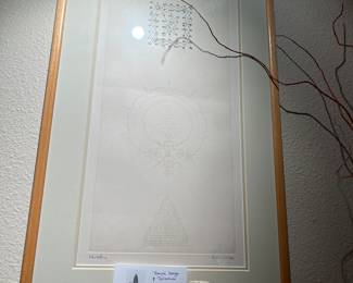 Temple Design & Talisman by Vorakorn Metmanorom. Signed number 1/300 etching. This one is 27.25" h x 16"w. Sold as a set of three. Price is in photo showing all three.