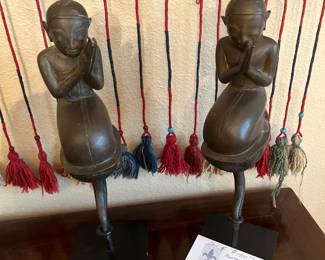 $1900. Pair of Burmese Monks in bronze kneeling on a lotus. 16.5"h.