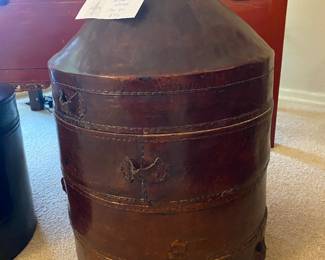 $340. Antique 3 tier lacquerware leather hat box.