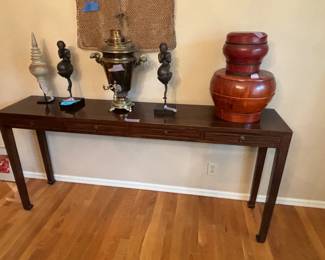 $1200. Beautiful Ju Mu wood console table with four drawers.  Originally $2300.  69"w x 14"d x 32"h.  Great size! 
Closer view of the beautiful wood in the next photo.  Items on top available during in-person shopping starting Friday. ]