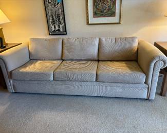 $280. Cream/Beige three cushion custom sofa. 86" w x 38"d x 29"h. Camera distorts the fabric