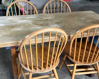 $140. Butcher block table and four windsor style chairs. As found, needs some sanding and oiling to get table looking like new.