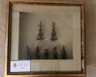 $480. Antique Burmese Buddhist statues framed in a shadow box.
