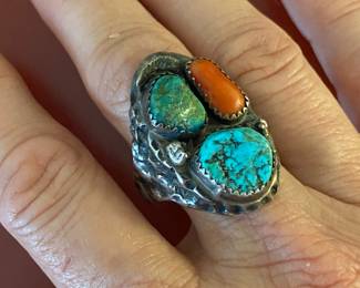 $60 Navajo ring turquoise and coral sterling