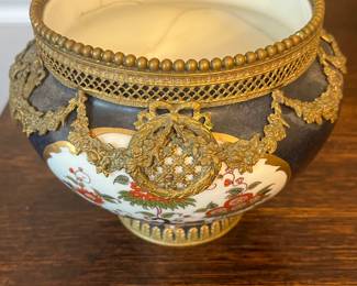 $60 Porcelain floral planter with bronze ormolu has hairline crack 5 x 5 1/2
