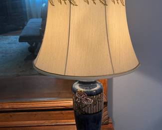 $146 - Royal Doulton pottery lamp (I believe to be) Art Deco blue with floral rim. Better in reality than pics. 