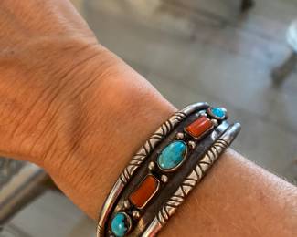 $250 - Signed F. Thompson sterling cuff Navajo bracelet 