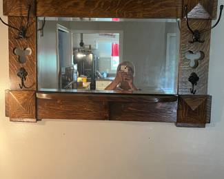 $700 - Rare British Arts and Craft Bench 39 x 19 x 36T with mirror/ clover piercing 37 x 25