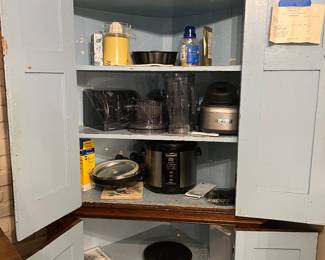 $800 - Primitive corner cabinet 46Wx24Dx86T painted blue inside 