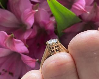 1 Carat 6.5mm old mine cut diamond ring on Art Deco original 14kt green gold setting - Clarity SI3 - small feather in stone - $2,450 