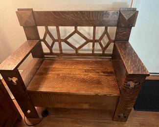 $700 - Rare Set - British Arts and Craft Bench 39 x 19 x 36T with mirror/ clover piercing 37 x 25