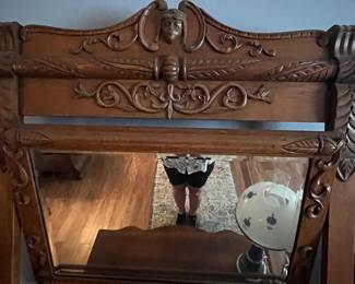 $1350 Victorian dresser 28 X 21 X 82 together with dry sink towel holder 36 X 17 X 80 with swivel mirror- Unusual face carving on apron. A rare set. 