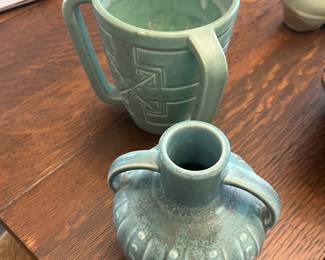 $110 Rockwood pottery blue green 3 handles vessell XXVI2224 & $150 Rockwood pottery blue water vessell