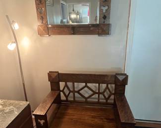 $700 - Rare Set -  British Arts and Craft Bench 39 x 19 x 36T with mirror/ clover piercing 37 x 25
