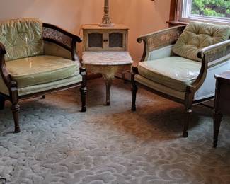 vintage velvet cane back chairs with 3 legged side table and vintage lamp