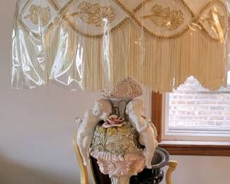 mid century italian/Campodimonte cherub lamp with silk shade