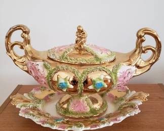 vintage Capodimonte /Italian ceramic lidded centerpiece with under plate