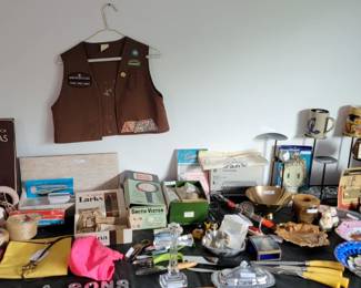 vintage table with hair/nail dryer, Mcm glassware sets, Waterford cross, beer steins, girl scout/brownie vest