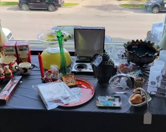 vintage Christmas, carnival-ware, Mcm glassware set in holder, Murano vase, pottery, bronze Buddha