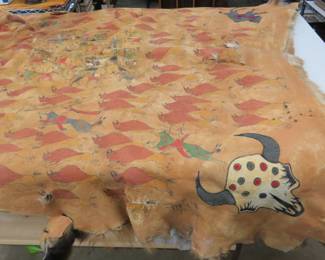 Frank Shortey Pictograph elk hide, signed and dated Buffalo Hunt, 1996