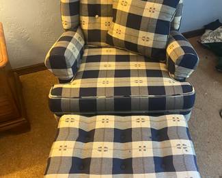 Pair of upholstered chairs and 1 foot rest. Chairs $55/ea, footrest $35