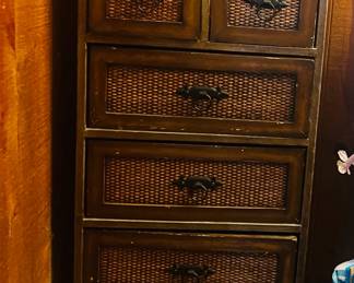 Dark brown cane & bamboo tallboy chest of drawers $65