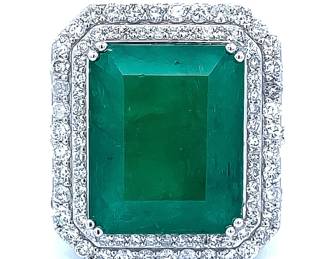 LARGE 19.69 Carat Emerald & Natural Diamond Double Halo Openwork Garden Ring in Platinum