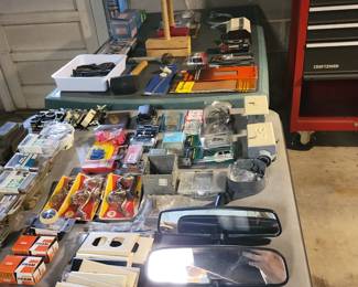 Misc tools, hardware, electrical,  some car mirrors and radios, ...
