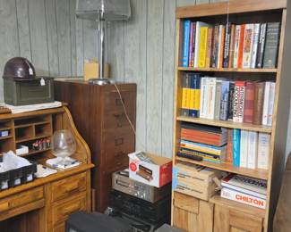 Books, bookcase, MCM lamps