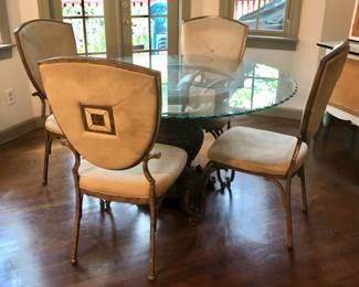 Heavy Metal Glass Top Kitchen Table w/4 Metal Upholstered Chairs