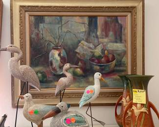 Vagliani painting, Coastal bird carvings