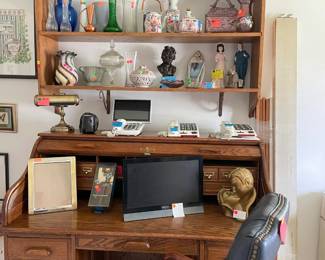 Oak rolltop desk and leather office chair